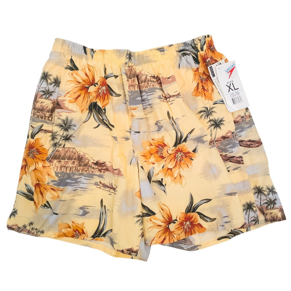 Speedo Swim Trunks Mens XL Yellow Tropical Floral 732785 Cotton Nylon